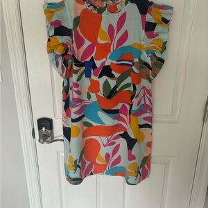 Jodifl Bright Boutique Floral Sun Dress Medium Ruffle Sleeve/Neck Vacation Short